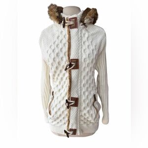 LCR Black Edition Wool Blend Heavy Knit Faux Fur Trim Removeable Zip Hood Cardig